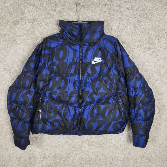 Nike Puffer Jacket Womens Medium Blue Sportswear Just Do It Logo Zip Winter Coat - Picture 1 of 11